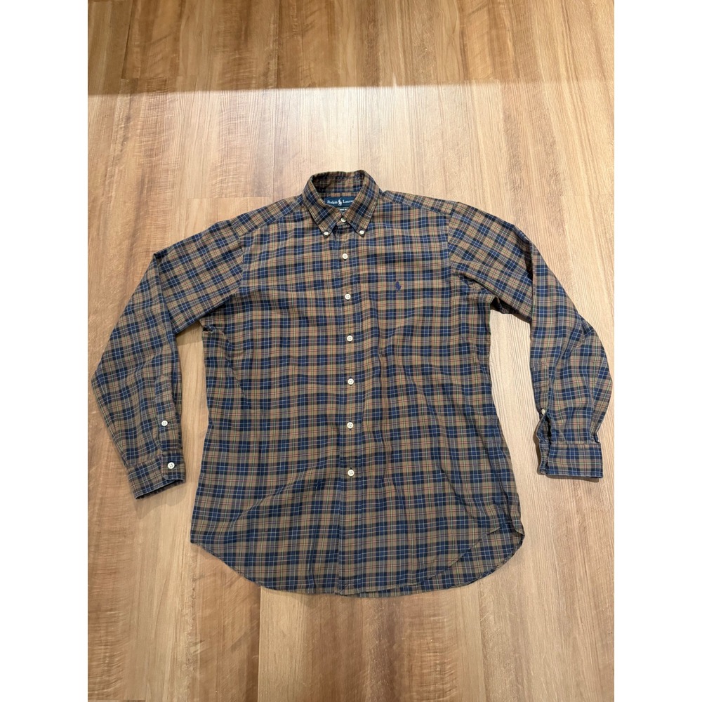 Ralph Lauren Button Down Shirt Mens L Brown Blue Plaid Classic Fit Long Sleeve